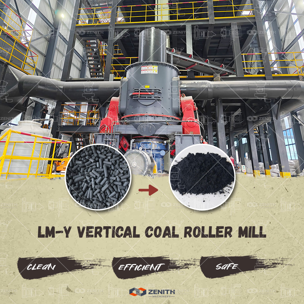 Industrial charcoal grinding process showing material flow from raw to powdered form